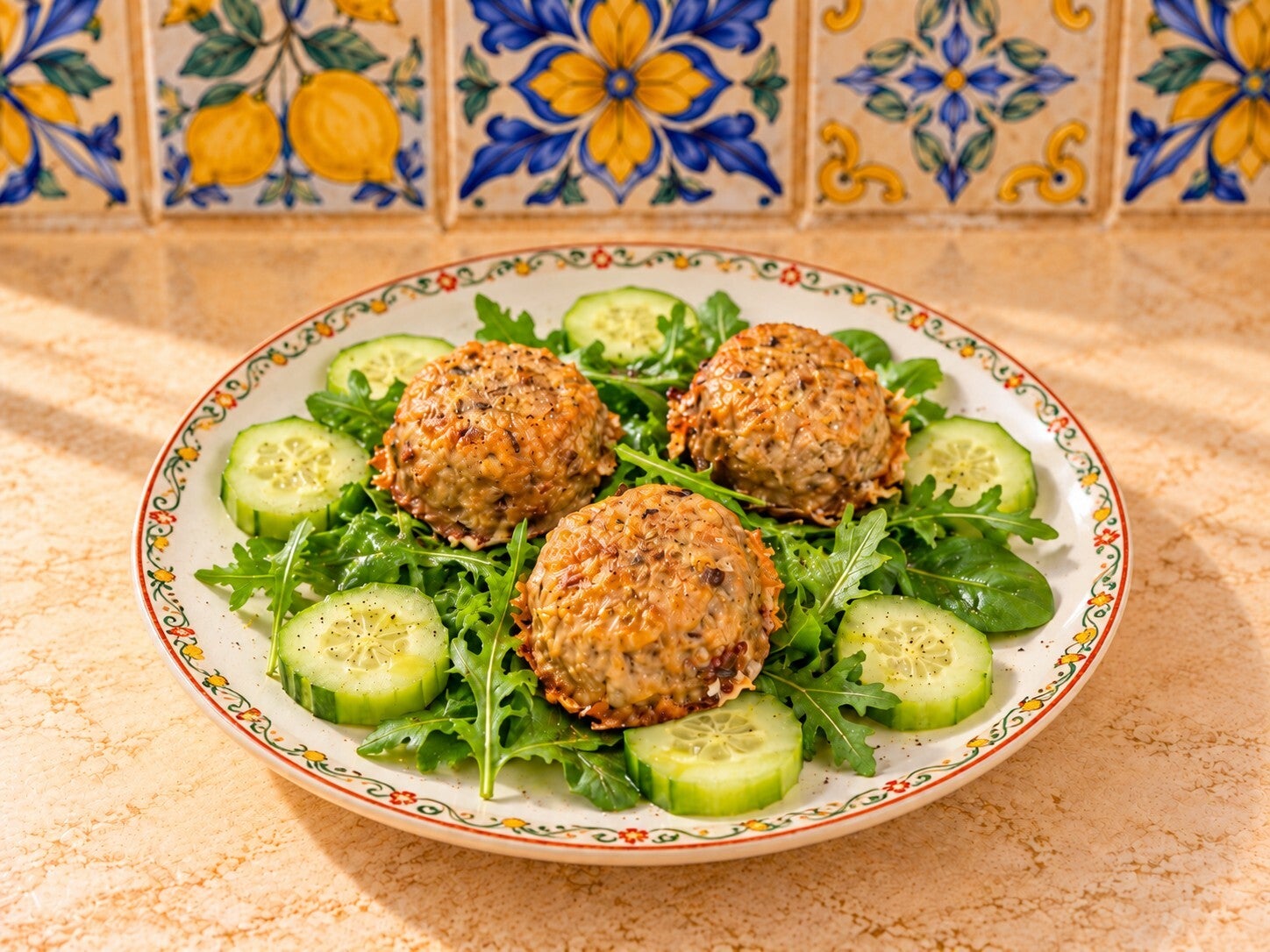 Tre muffin chetogenici di pollo e tacchino serviti su un letto di insalata con fettine di cetriolo, presentati su un piatto dal bordo elegante nei colori rosso, verde e giallo, in stile mediterraneo