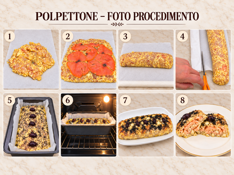 Foto procedimento passo passo del polpettone di merluzzo ripieno di salmone, con olive e sesamo nero: dalla preparazione e farcitura fino alla cottura e al taglio finale. Ricetta chetogenica di Keto senza rinunce.