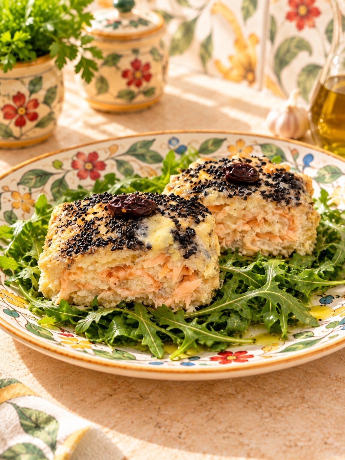 Due porzioni di polpettone keto di merluzzo e salmone, morbido e succoso, con sesamo nero e olive su letto di rucola.