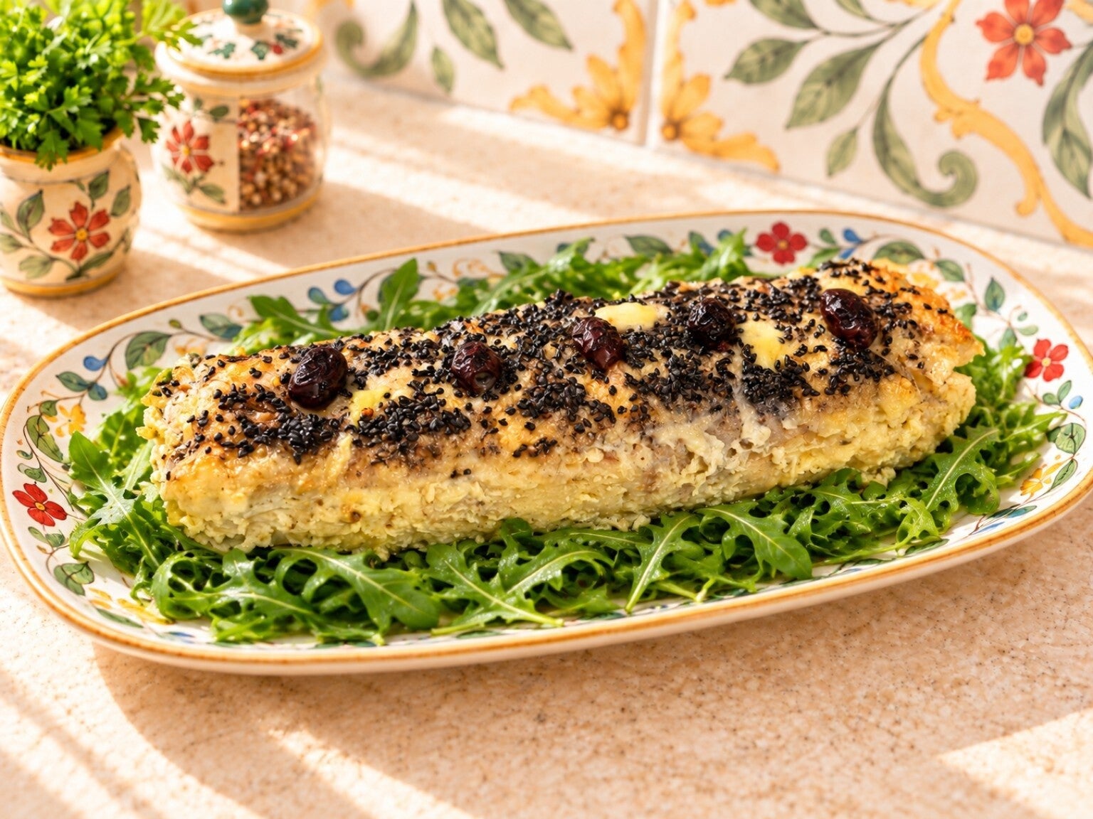 olpettone chetogenico di merluzzo con ripieno di salmone, scamorza, olive e sesamo nero, presentato intero su rucola.