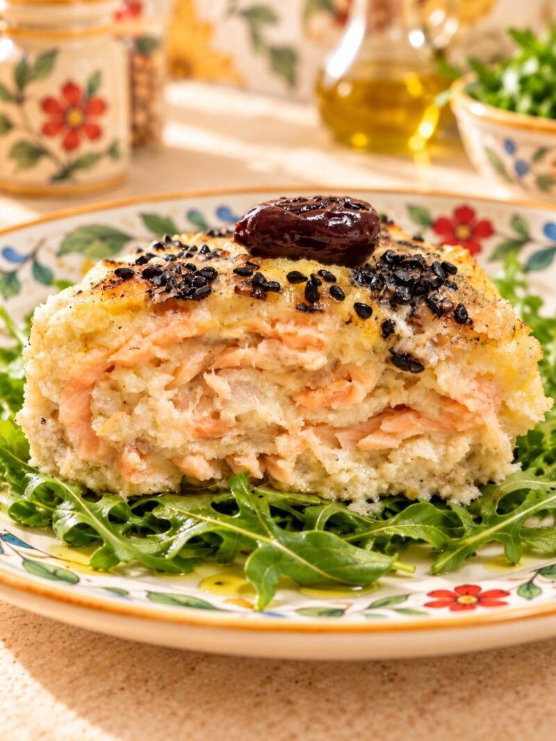 Porzione di polpettone chetogenico di merluzzo ripieno di salmone, decorato con sesamo nero e oliva, servito su rucola.