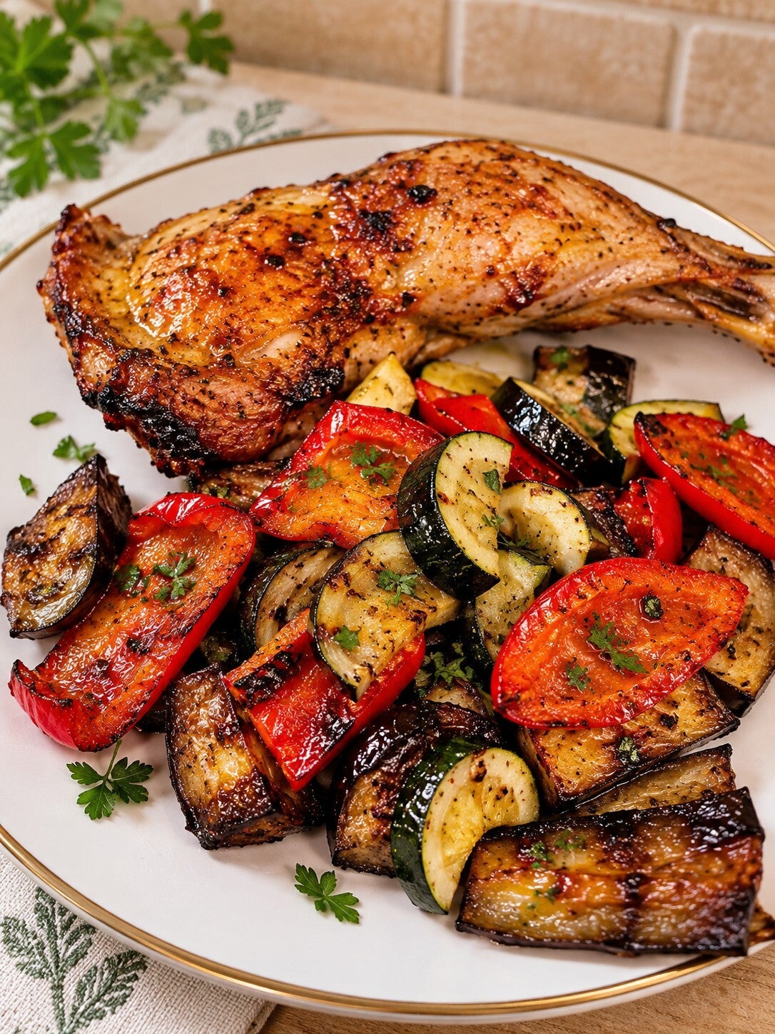 Porzione di coscia di pollo al forno servita con zucchine, melanzane e peperoni arrosto. Un secondo piatto chetogenico completo, saporito e colorato.