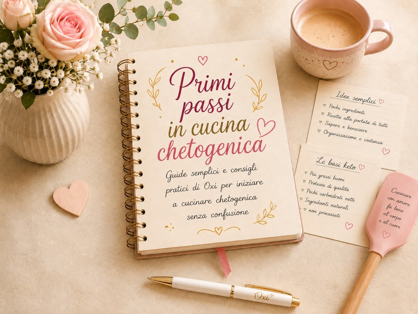 Quaderno con il titolo “Primi passi in cucina chetogenica”, accompagnato da tazza di caffè, fogli di appunti, penna, paletta decorata e vaso di fiori, in un’atmosfera elegante e accogliente che richiama guide semplici e consigli pratici per iniziare a cuc