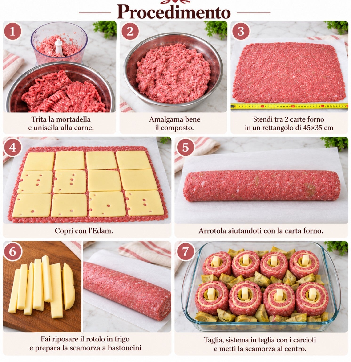 Procedimento passo passo per preparare le girelle di carne macinata con Edam, scamorza e carciofi al forno: dalla preparazione del macinato alla composizione della teglia.