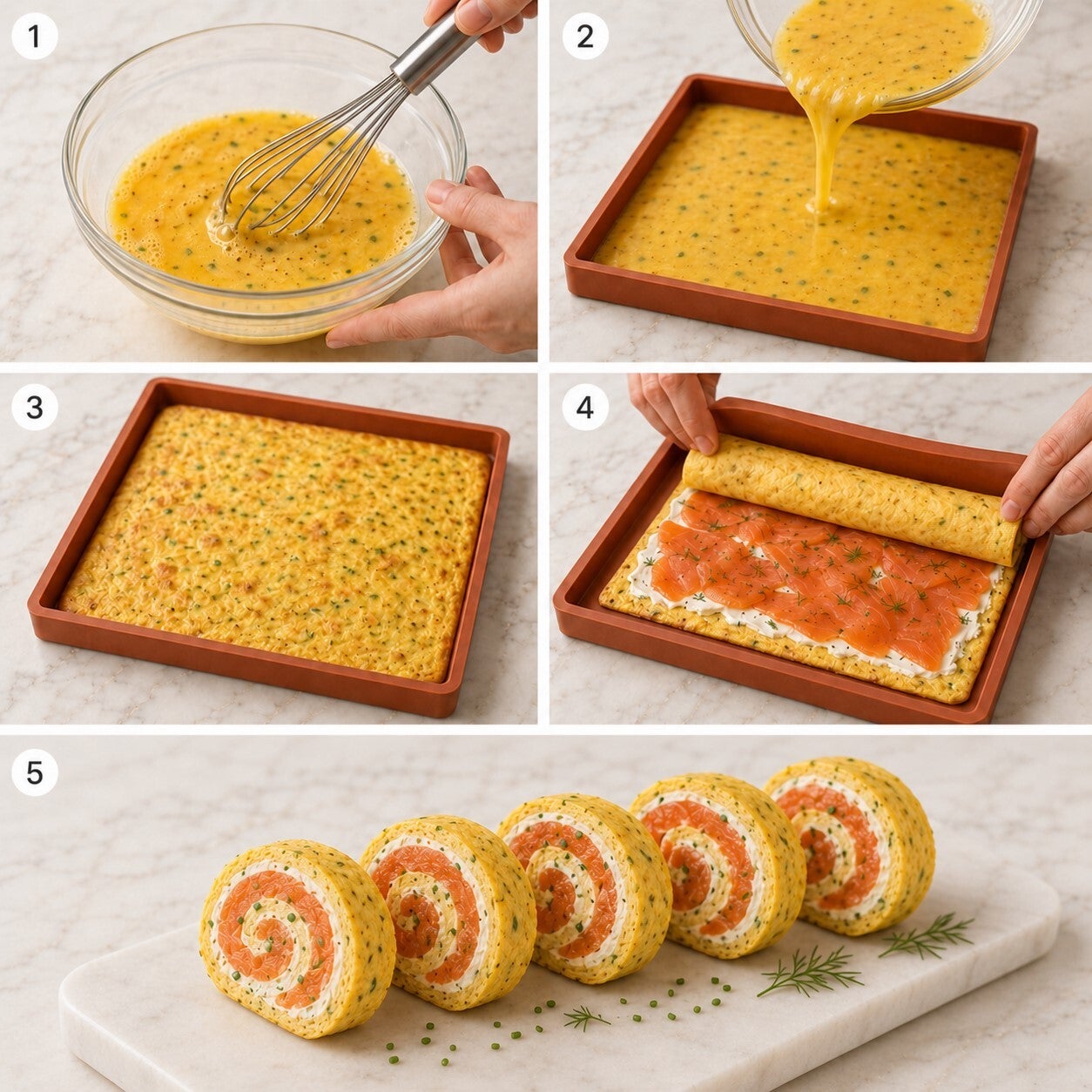 Procedimento illustrato del roll di uova al forno con salmone e formaggio: preparazione del composto, cottura nello stampo in silicone 20 × 20 cm, farcitura, arrotolamento e taglio finale in 5 fette.