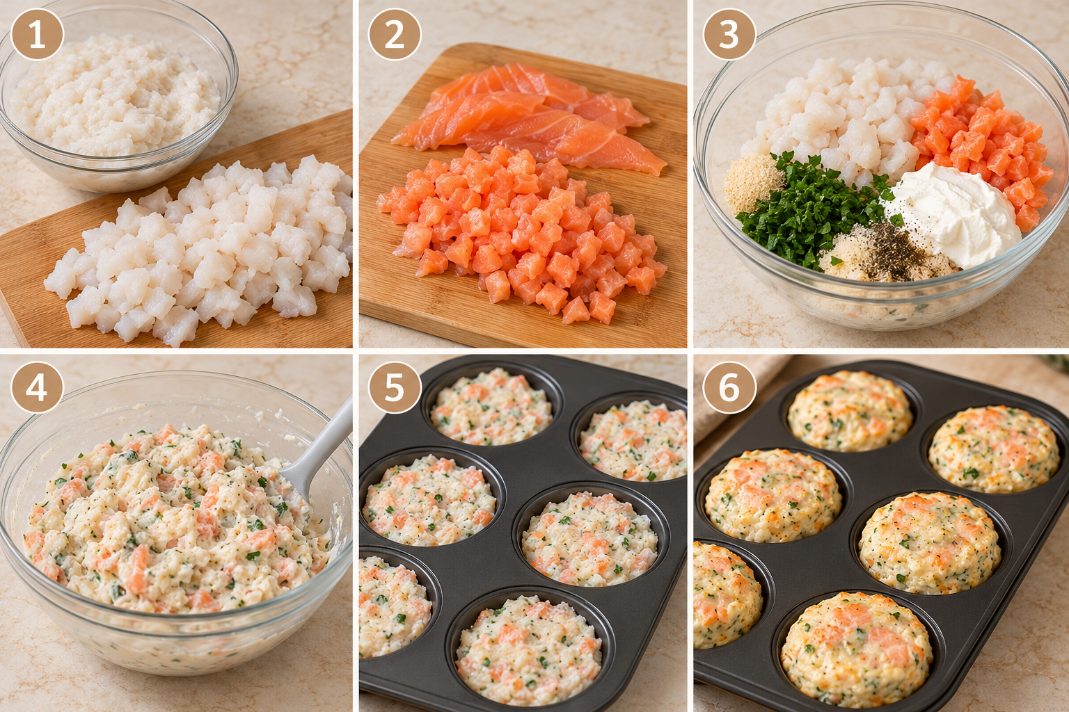 Foto procedimento passo dopo passo degli sformatini chetogenici di merluzzo e salmone affumicato, senza uova e senza farine. Dalla preparazione del pesce all'impasto con formaggio spalmabile e prezzemolo, fino alla cottura negli stampini da muffin