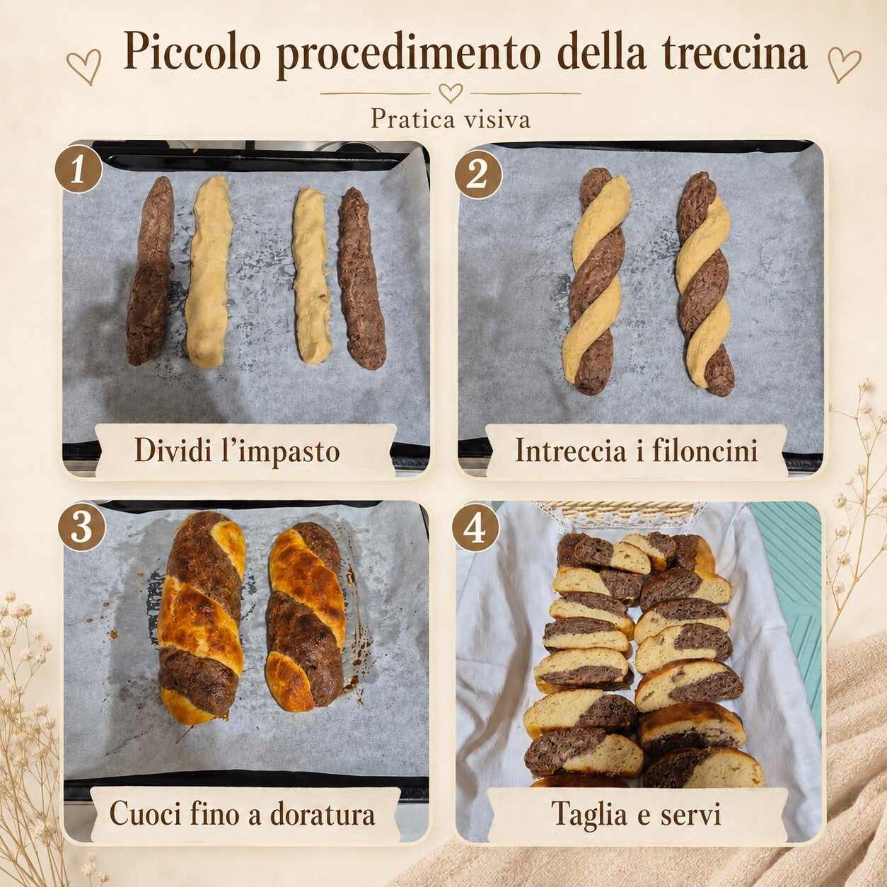 Piccolo procedimento visivo della treccina golosa keto bicolor per colazione, con passaggi per dividere l’impasto, intrecciare i filoncini, cuocere fino a doratura e tagliare a fette. Una guida pratica per preparare un panbrioche chetogenico morbido alla 