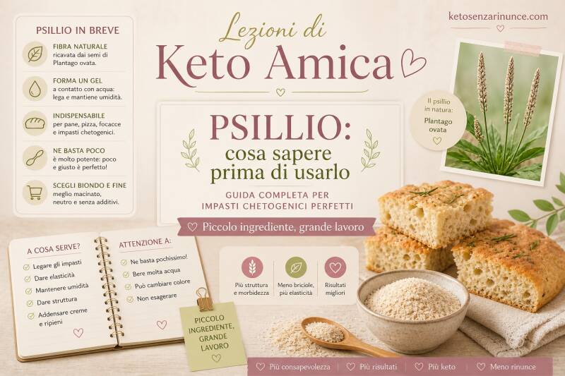 Copertina informativa dedicata allo psillio nella cucina chetogenica, con spiegazione visiva semplice su cos’è, a cosa serve e perché è utile negli impasti keto. La grafica introduce il ruolo dello psillio in pane, focacce, pizze e preparazioni senza glut