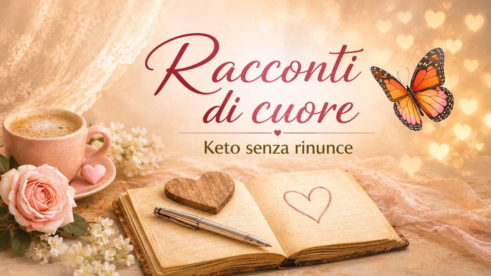 Copertina della sezione “Racconti di cuore”, con quaderno aperto, penna, cuore in legno, rosa, tazza di caffè e farfalla, in un’atmosfera calda e delicata dedicata ai ricordi, alle emozioni e ai racconti personali di Oxi.