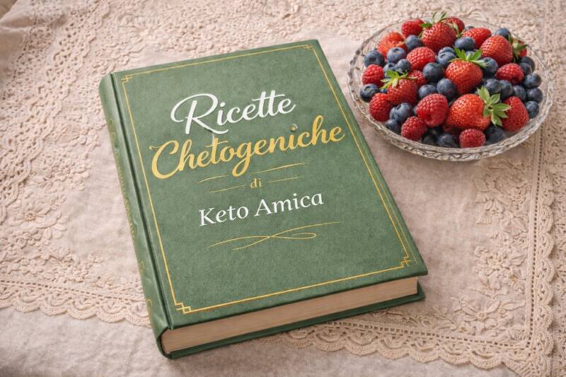 Libro Ricette Chetogeniche di Keto Amica accanto a una ciotola di frutti di bosco freschi su tovaglia in pizzo