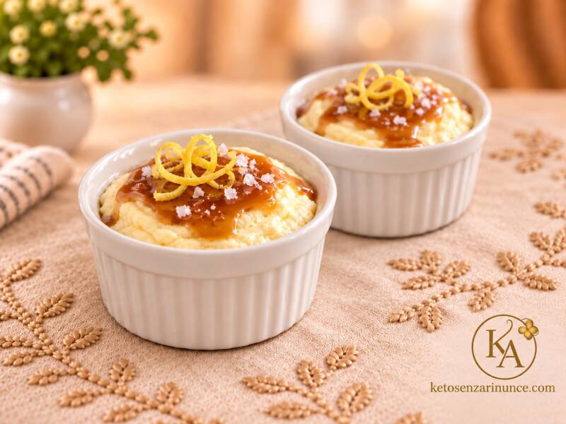 Ricottine keto al limone preparate al microonde, morbide, cremose e profumate, completate da una delicata colata di caramello salato keto. Un dessert chetogenico veloce, elegante e goloso, perfetto da servire al cucchiaio come fine pasto o merenda senza z