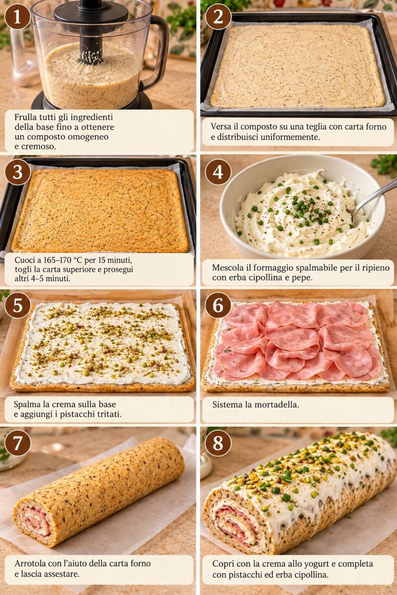 Fotoprocedimento completo del roll proteico keto al lino con mortadella, formaggio spalmabile e pistacchi: preparazione della base, cottura, farcitura, arrotolamento e copertura finale. Ricetta salata chetogenica di Keto senza rinunce.