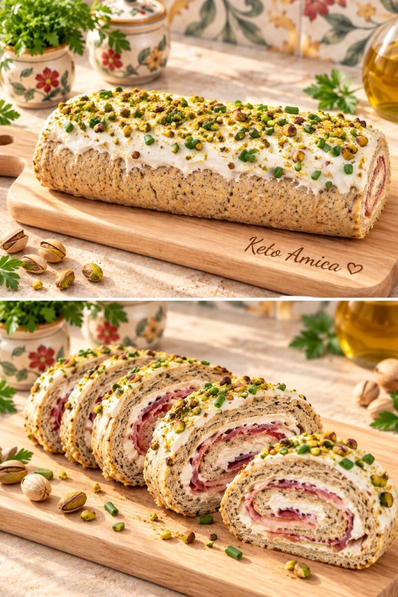 Roll proteico keto al lino con mortadella, formaggio spalmabile e pistacchi, mostrato intero e affettato per evidenziare la farcitura a spirale. Ricetta salata chetogenica di Keto senza rinunce.