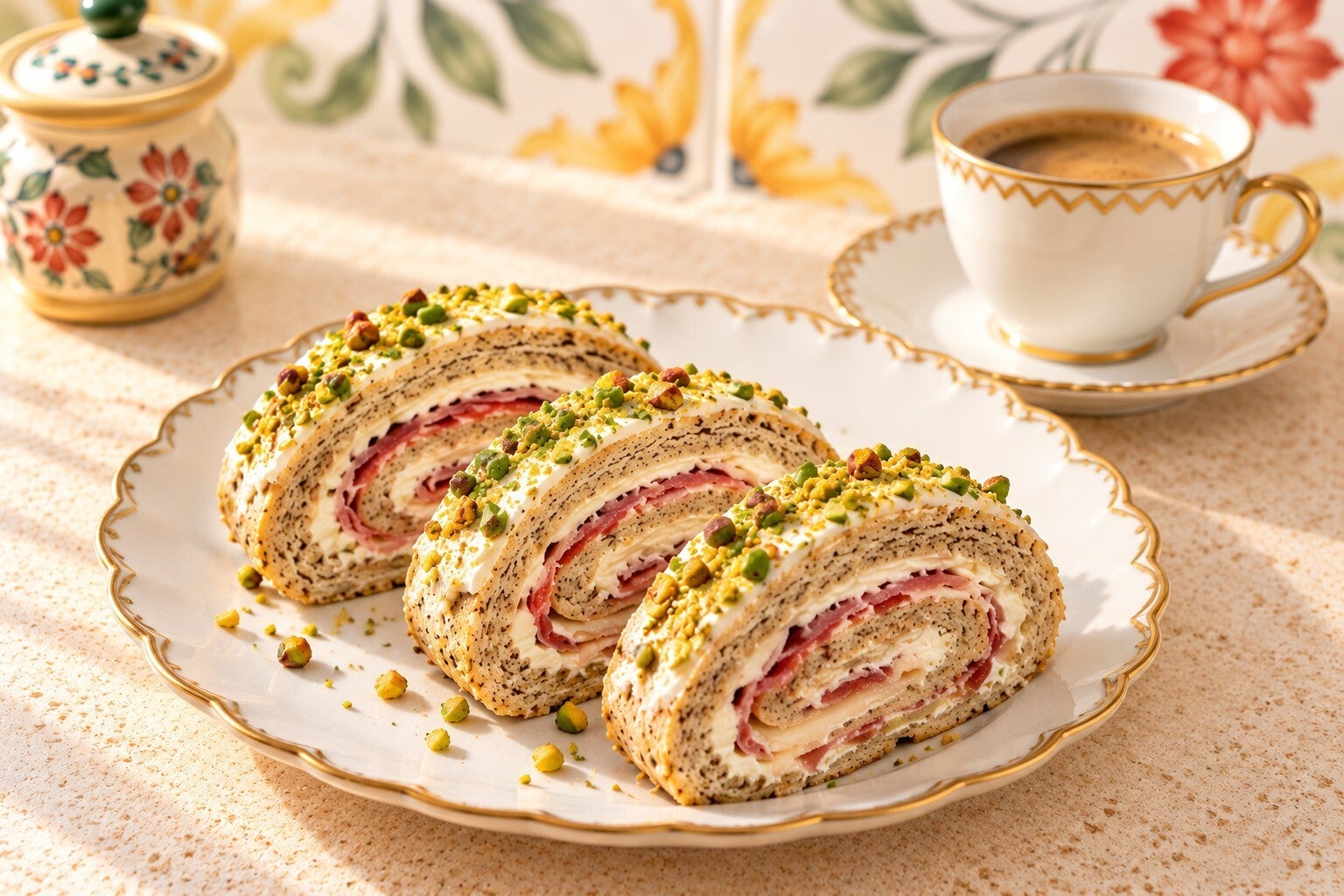 Porzioni di roll proteico keto al lino con mortadella, crema al formaggio e pistacchi, servite in fette per mostrare la consistenza soffice e la farcitura interna. Ricetta di Keto senza rinunce.