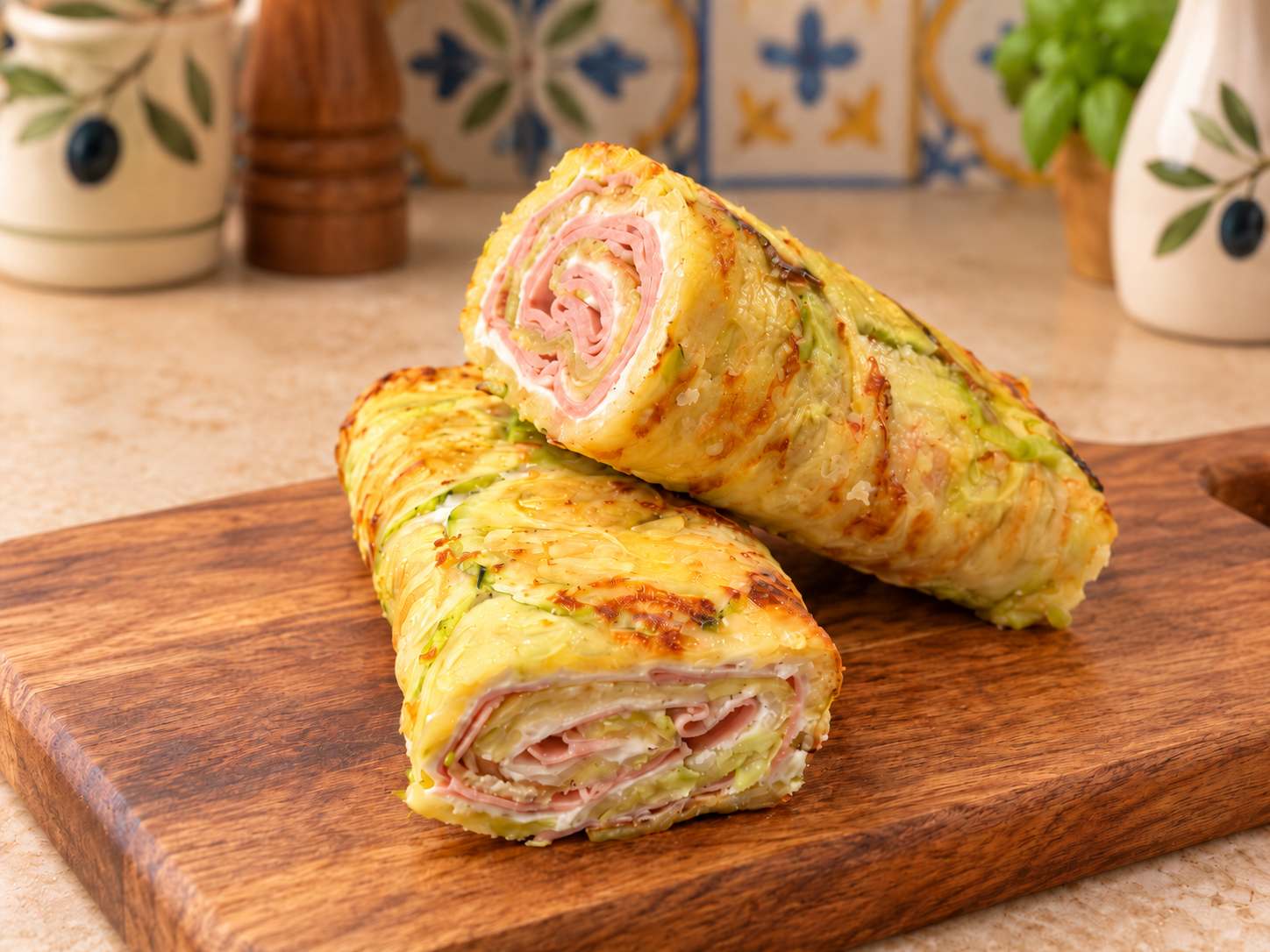 Foto finale del rotolo di zucchine senza uova e senza farine, farcito con mortadella al pistacchio e un velo di Philadelphia. Il rotolo è presentato tagliato su un elegante tagliere in legno, su piano di lavoro beige con mattonelle a vista, in stile cucin