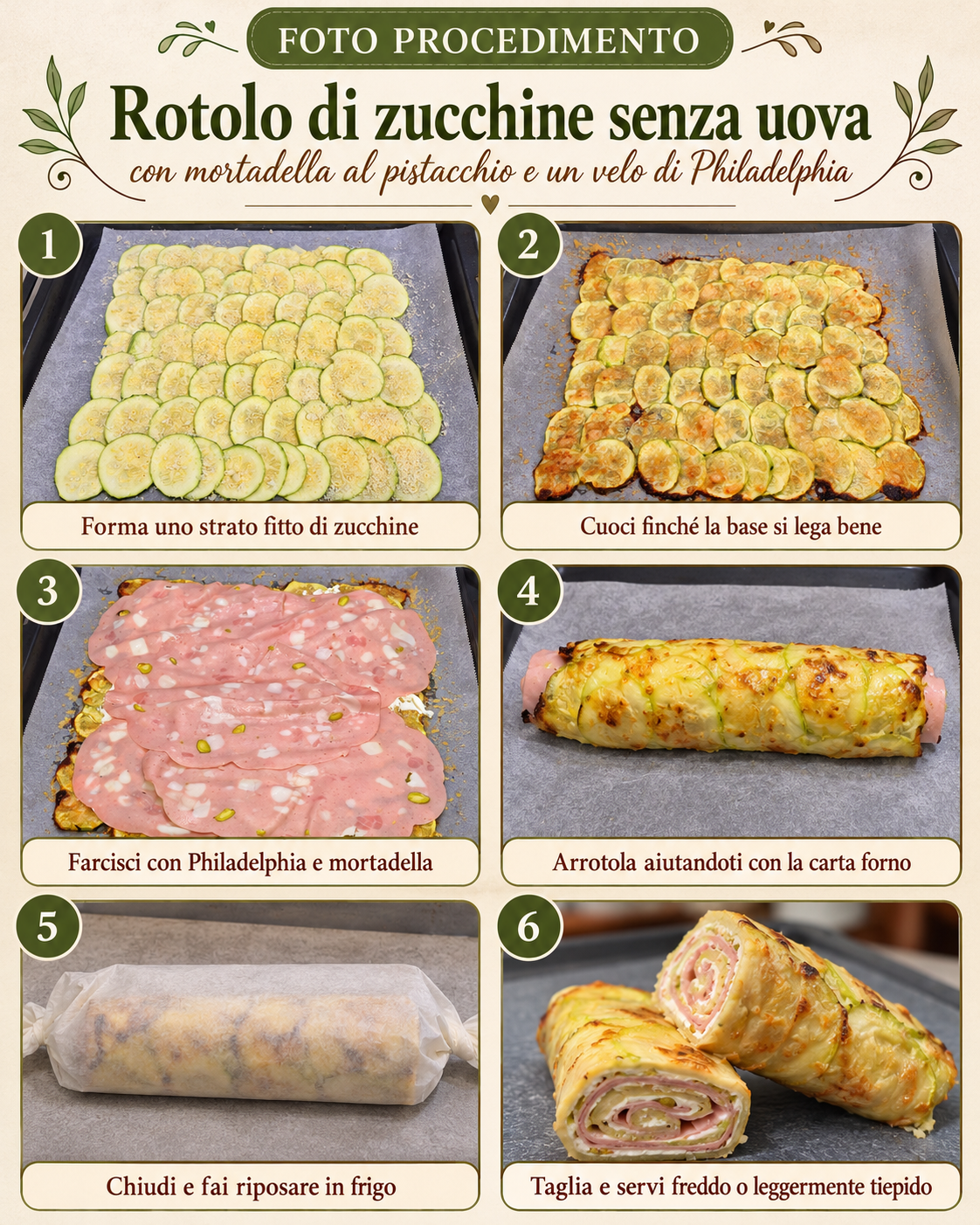 Foto procedimento passo dopo passo del rotolo di zucchine chetogenico senza uova e senza farine, farcito con mortadella al pistacchio e un velo di Philadelphia. Dalla preparazione delle rondelle alla cottura, dalla farcitura all'arrotolamento, fino al tag