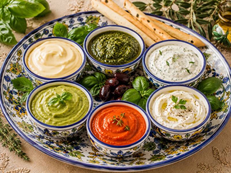 Selezione di salse e creme mediterranee servite in eleganti ciotoline decorate, con maionese, pesto, crema di avocado, salsa ai peperoni, crema di formaggio e salsa allo yogurt alle erbe, su tovaglia beige ricamata.