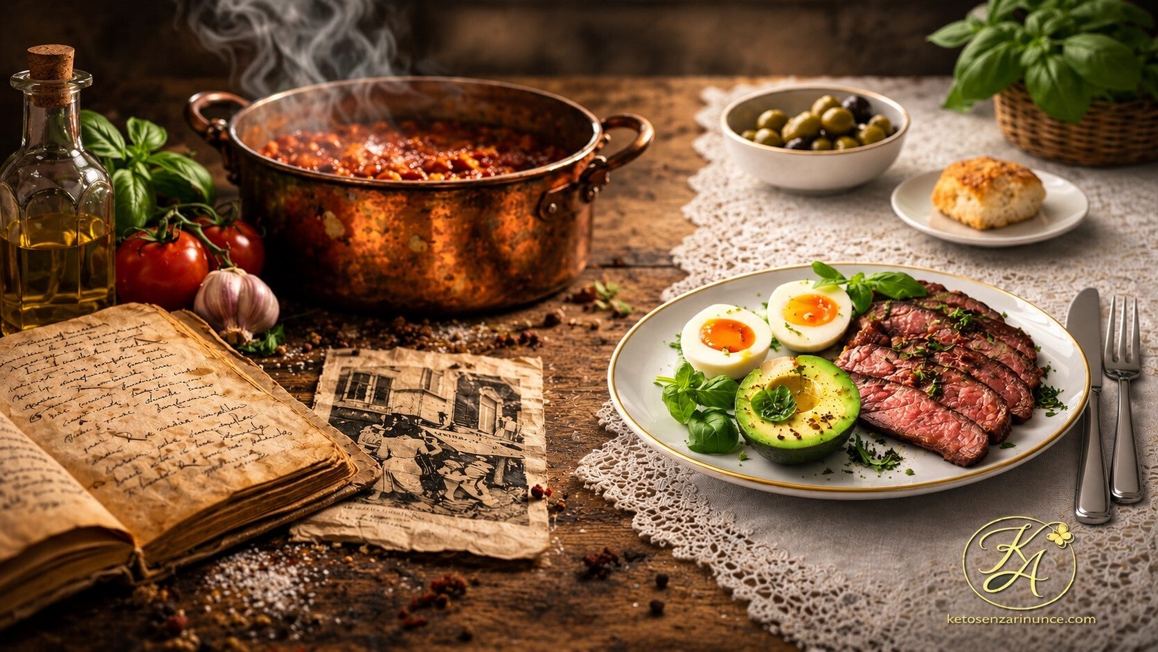 Incontro tra cucina del passato e piatti moderni, con ricettario antico, fotografia d’epoca, pentola di rame e una preparazione chetogenica elegante, simbolo di ricette che uniscono storia, tradizione e gusto contemporaneo.