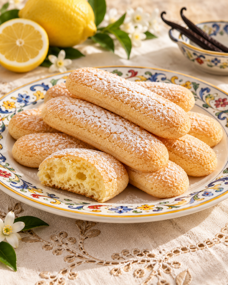 Savoiardi chetogenici alla vaniglia e limone, preparati con farina di mandorle, farina di cocco e proteine del siero del latte. Leggeri, delicati e ideali da gustare con il caffè o utilizzare per un tiramisù keto. Presentati su un elegante piatto bianco c