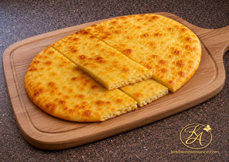 Schiacciata chetogenica morbida al formaggio, dorata e soffice, servita su tagliere in legno chiaro. Una base salata keto versatile, ideale da tagliare a pezzi, farcire o accompagnare a insalate e piatti semplici.