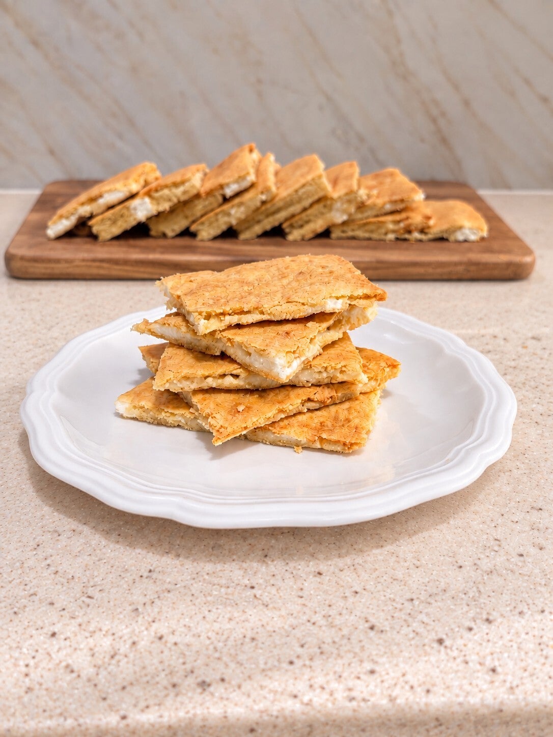 Schiacciatina morbida chetogenica senza glutine con stracchino e feta greca, tagliata in quadratini, con superficie dorata e delicato effetto sfogliato.