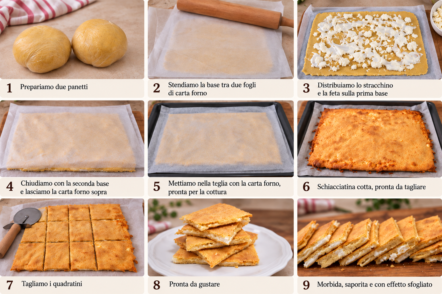 Procedimento passo passo della schiacciatina morbida chetogenica senza glutine, con impasto al burro, stracchino e feta greca, dalla stesura fino al taglio in quadratini.