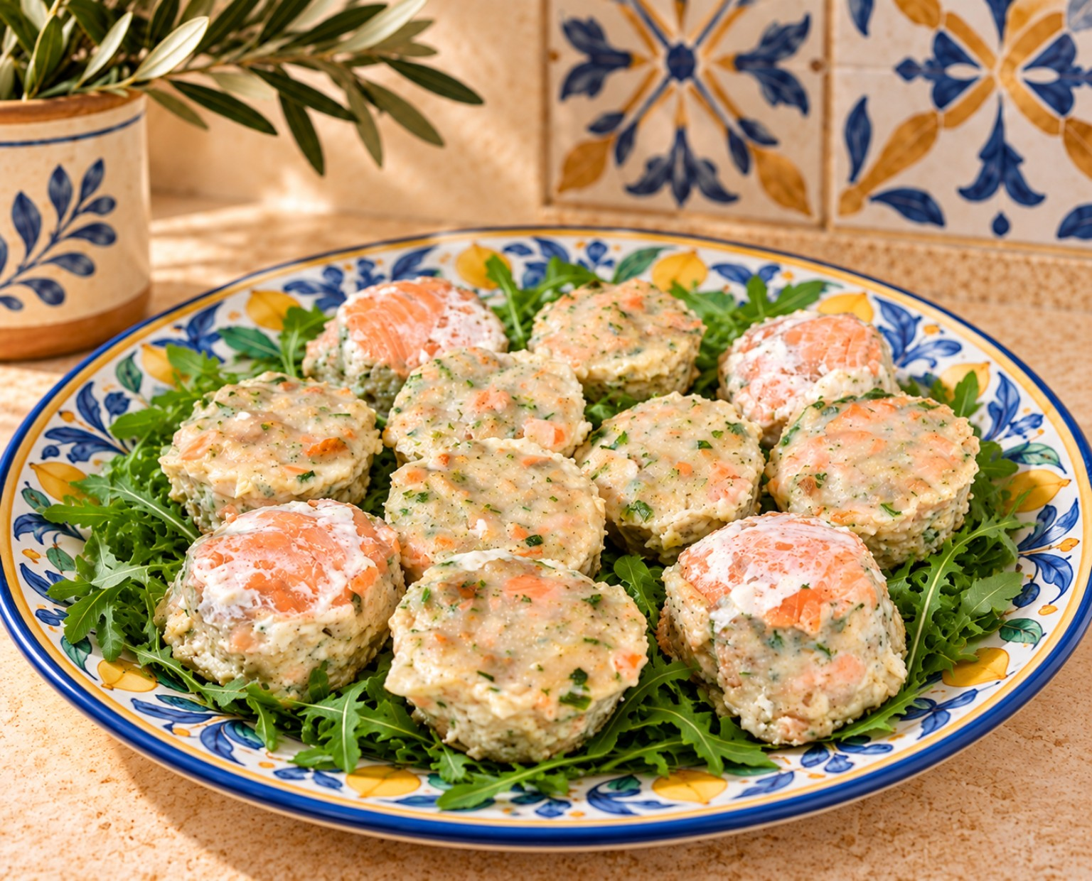 Sformatini chetogenici di merluzzo e salmone affumicato, morbidi e gustosi, preparati senza uova e senza farine, con formaggio spalmabile e prezzemolo. Serviti su un letto di rucola in un elegante piatto mediterraneo.