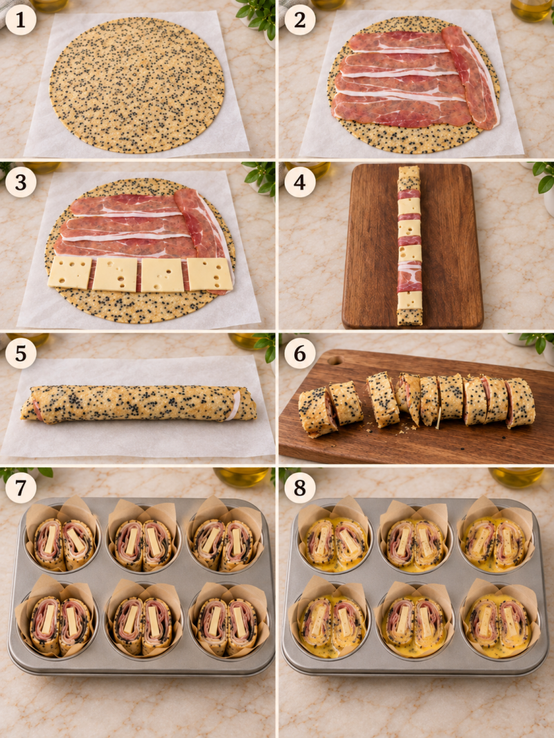 Procedimento fotografico passo passo per preparare gli sformatini keto di piadina con prosciutto, formaggio e uova. La piadina viene farcita, arrotolata, tagliata e sistemata negli stampi prima della cottura. Un tutorial visivo semplice e chiaro per otten