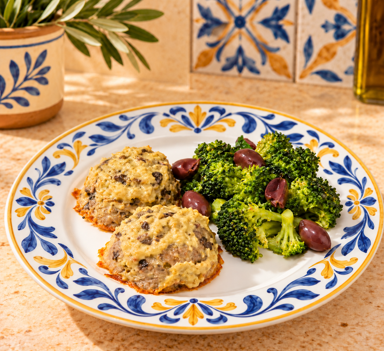 Due sformatini di merluzzo keto con olive taggiasche e acciughe, serviti con broccoletti al vapore. Secondo piatto chetogenico leggero, proteico e senza uova, firmato Keto senza rinunce.