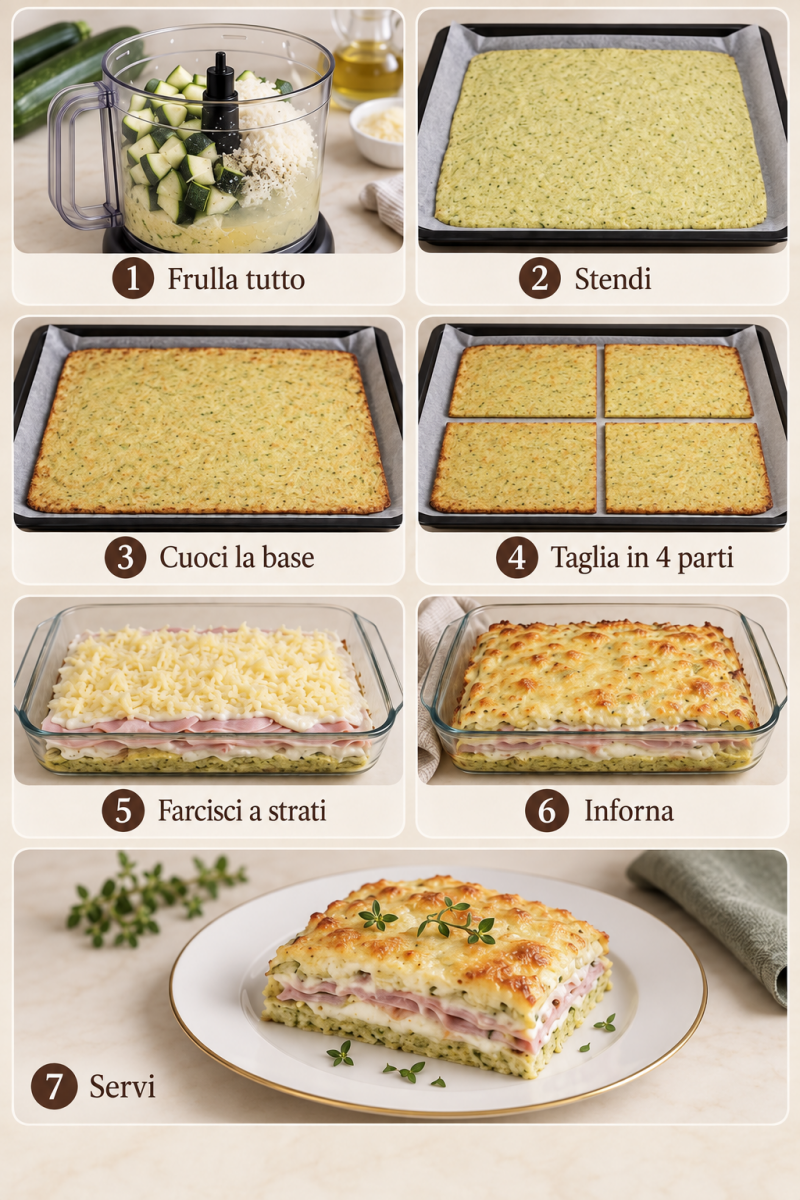 Procedimento illustrato dello sformato keto: preparazione della base con zucchine e albumi, cottura, taglio in quattro rettangoli, farcitura a strati con prosciutto e formaggio e gratinatura finale al forno.