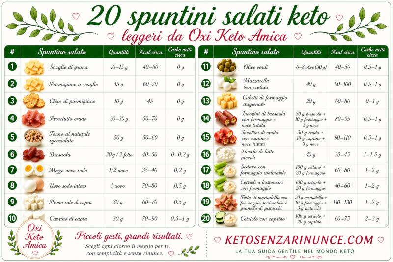 Infografica elegante con 20 spuntini salati keto leggeri da Oxi Keto Amica, con quantità, calorie e carboidrati netti, pensata per aiutarti a scegliere snack semplici, sazianti e sempre sotto controllo per restare in chetosi su ketosenzarinunce.com.