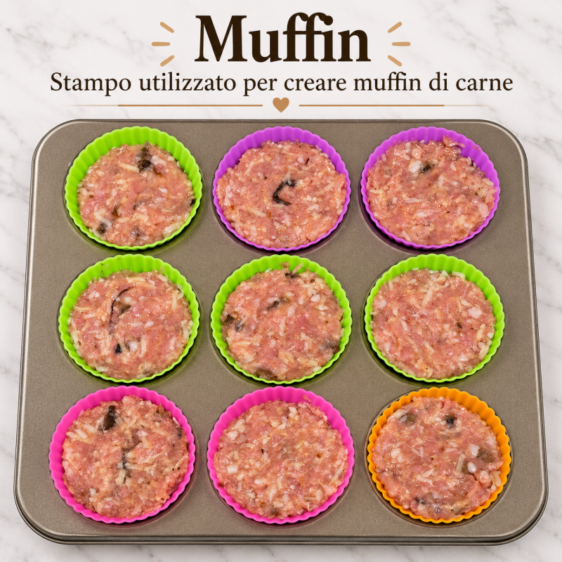 Stampo da muffin con 9 pirottini in silicone riempiti con il composto di carne, pronto per la cottura dei muffin chetogenici di pollo e tacchino.
