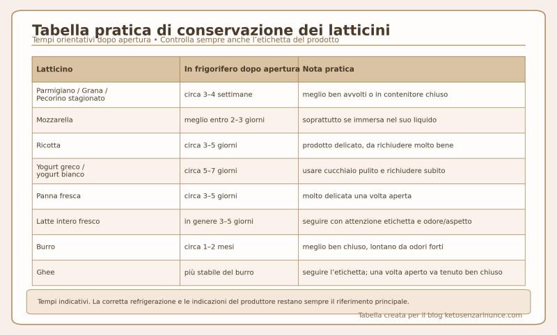 tabella pratica di conservazione dei latticini con tempi indicativi in frigorifero dopo apertura e consigli utili per conservarli meglio