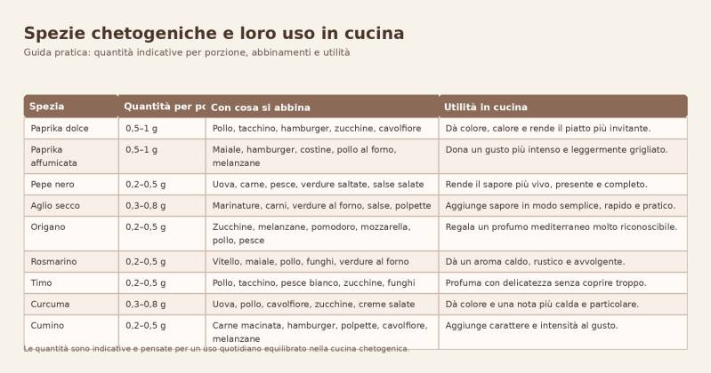 tabella delle spezie chetogeniche più usate in cucina, con quantità indicative, abbinamenti utili e uso pratico nei piatti keto