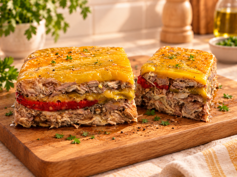 Terrina fredda low carb preparata con pollo, maiale, peperoni arrostiti e olive. Una ricetta senza farine e senza amidi, morbida e saporita, perfetta da servire a fette come secondo piatto freddo. Ricetta di Keto senza rinunce – Keto Amica.