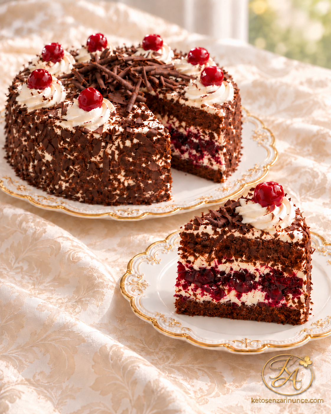 Torta Foresta Nera chetogenica con panna montata, amarene e scaglie di cioccolato, con una fetta in primo piano su piatti bianchi e dorati.