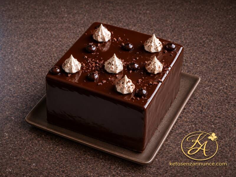 Torta keto al doppio cioccolato, piccola e quadrata, ricoperta completamente da una glassa lucida al cioccolato e decorata con piccole meringhe e gocce di cioccolato. Immagine elegante e pulita, realizzata per il blog ketosenzarinunce.com
