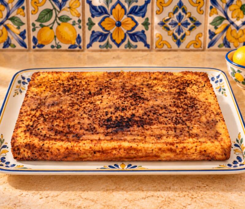 Torta keto alla ricotta e cacao, morbida e delicata come un flan, presentata intera su elegante piatto mediterraneo decorato. Superficie variegata al cacao, consistenza morbida e ricetta chetogenica con ricotta, albumi e farina di mandorle.