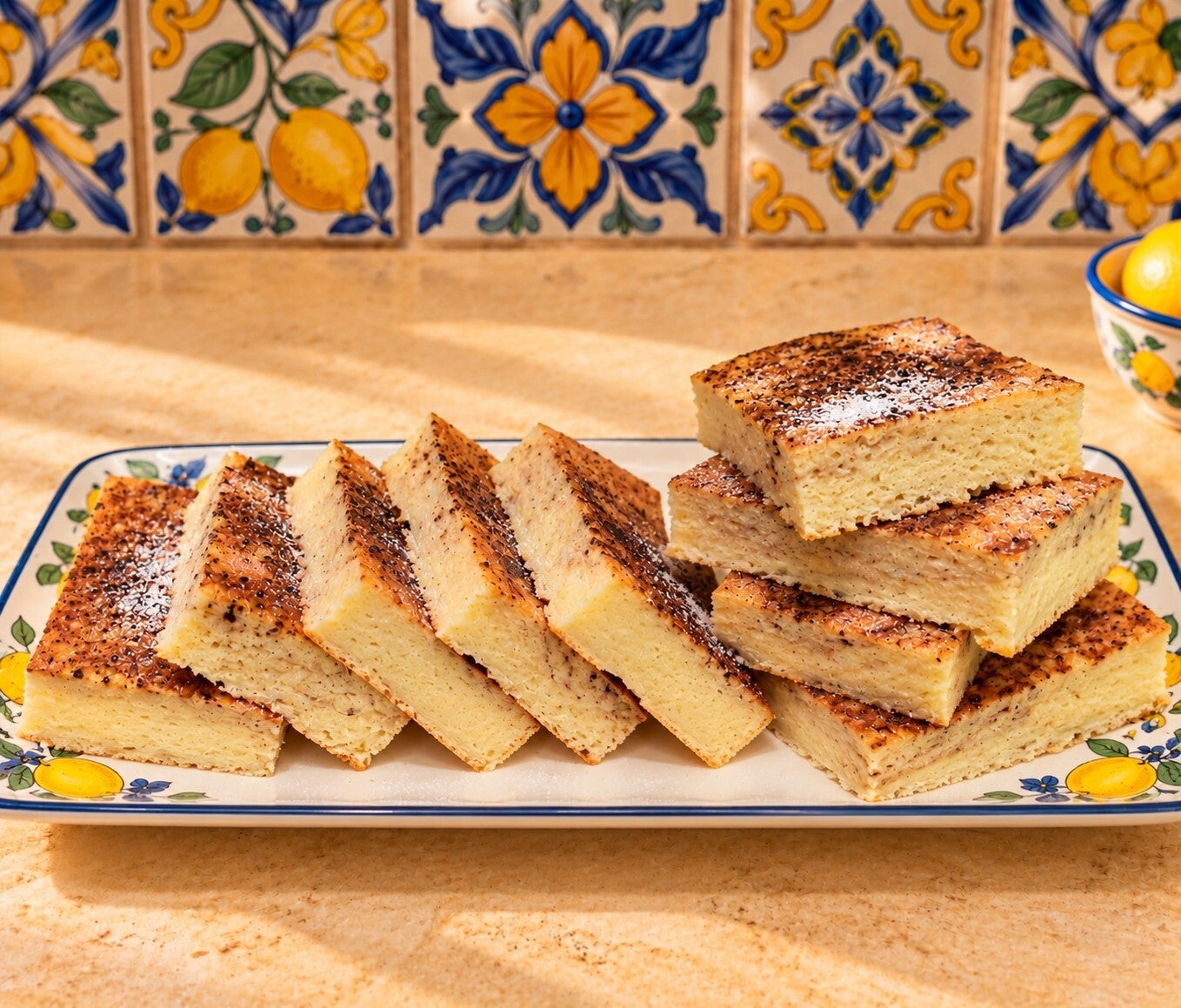 Quadrotti di torta keto alla ricotta e cacao, morbidi e delicati come un flan, serviti su un elegante piatto mediterraneo decorato con limoni. La superficie è leggermente variegata al cacao e l’interno resta morbido e cremoso, con una consistenza particol