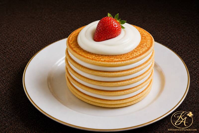 Torta di pancake chetogenici con sottili strati di crema bianca al mascarpone e vaniglia, servita su piatto bianco con bordo dorato e sfondo marrone speckled con logo Keto senza rinunce. Ideale per una colazione dolce keto elegante, semplice e golosa.