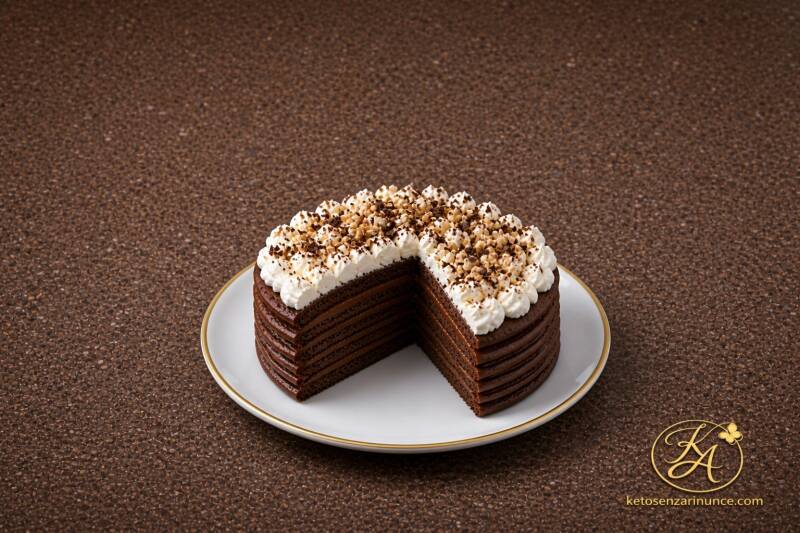 Torta di pancake keto doppio cioccolato con strati al cacao, panna montata e granella, servita su piatto bianco con bordo dorato e sfondo marrone speckled con logo ketosenzarinunce.com. Dolce chetogenico scenografico, goloso e senza zucchero, ideale per c