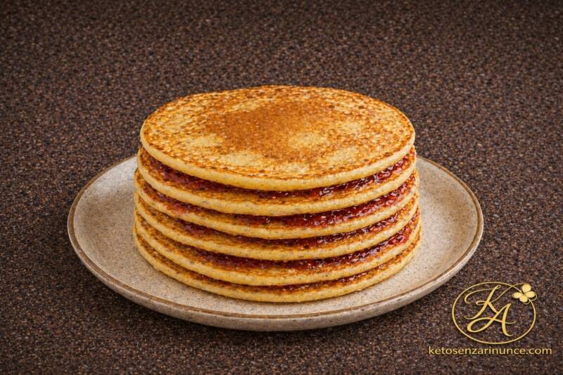Torta di pancake chetogenici a strati con velo sottile di marmellata ai frutti rossi, servita su piatto chiaro con sfondo marrone speckled e logo Keto senza rinunce. Una colazione keto semplice, leggera e golosa, perfetta anche come dolce fatto in casa.