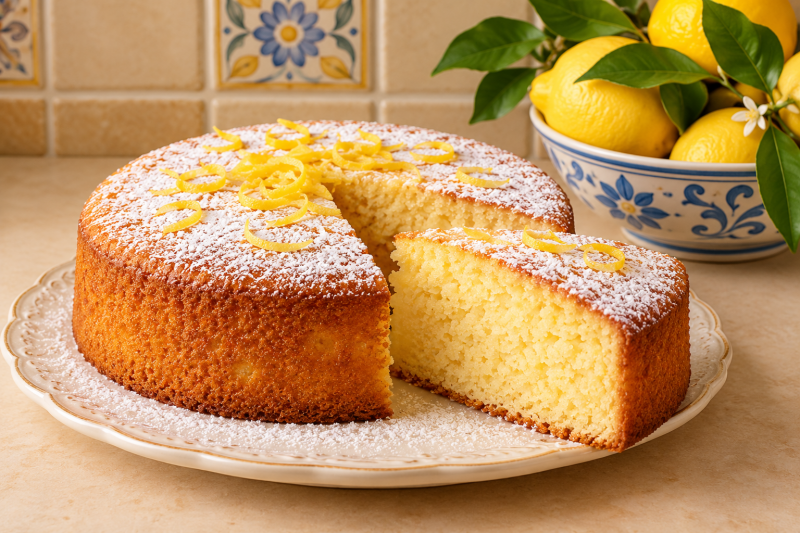 Torta soffice chetogenica per colazione al limone e mandorle, decorata con scorza di limone ed eritritolo polverizzato. Morbida, profumata ed elegante, ideale per una colazione keto golosa e leggera.