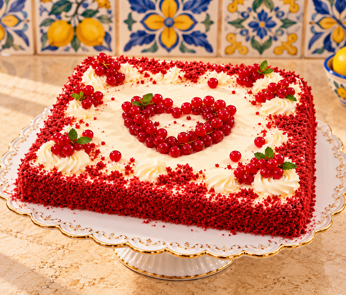 Torta soffice chetogenica al ribes con crema alla vaniglia, decorata con ribes fresco e briciole rosse. Un dolce elegante, morbido e leggero, perfetto per compleanni, feste e occasioni speciali, completamente senza zucchero e adatto a un’alimentazione che