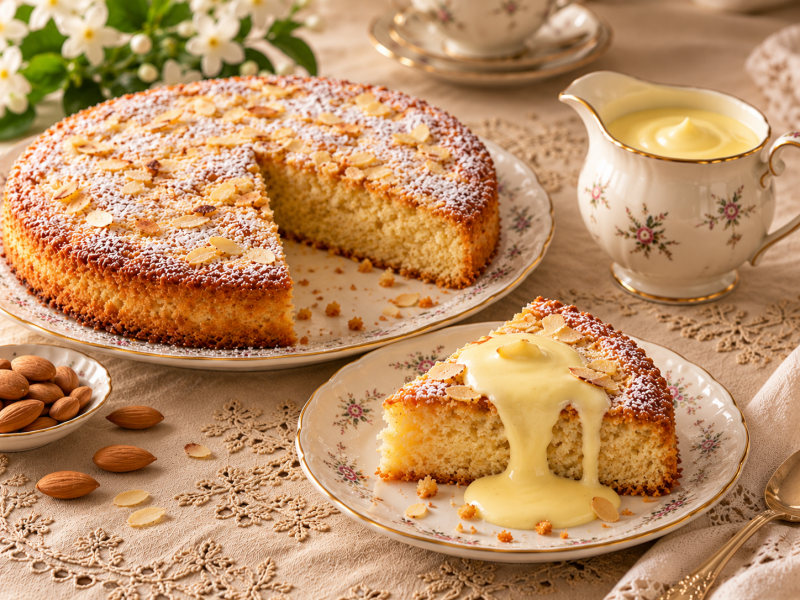 Torta soffice alle mandorle keto accompagnata da una crema pasticcera chetogenica alla vaniglia, fredda, fluida e vellutata. Un dolce senza zuccheri aggiunti, dalla base morbida e delicata, con crema da versare su ogni fetta. Ricetta di Keto Amica Oxi – k