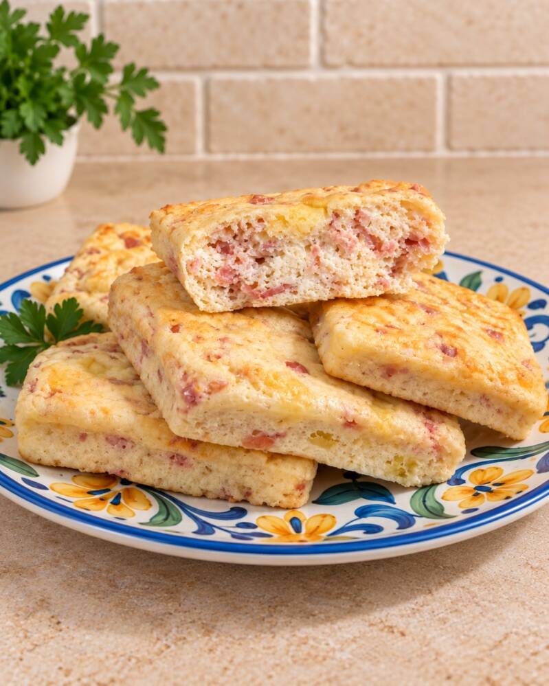 Tortini proteici salati agli albumi con prosciutto cotto e formaggio, morbidi all’interno e leggermente dorati in superficie. Ricetta chetogenica semplice e versatile di Keto senza rinunce.