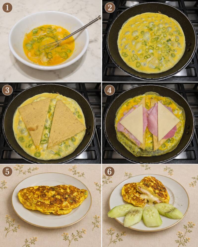 Procedimento passo passo del tramezzino keto filante in frittata, preparato con il nostro Pane tramezzino keto al forno, uova, cipollotto, prosciutto cotto e Gouda, fino al piatto finale caldo e filante servito con cetriolo.