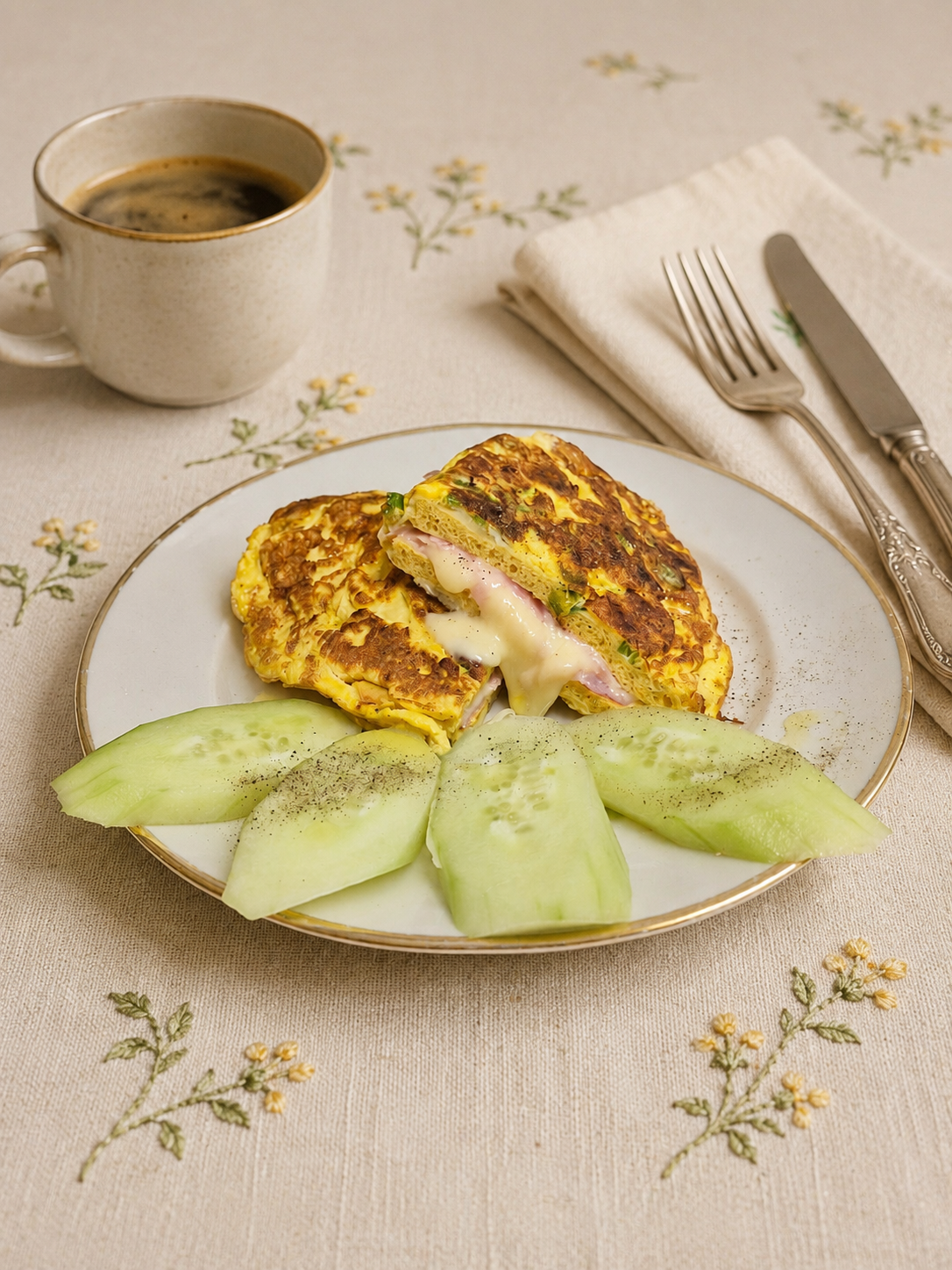 Tramezzino keto filante in frittata preparato con il nostro Pane tramezzino keto al forno, farcito con prosciutto cotto e Gouda, servito caldo con cetriolo fresco. Una colazione chetogenica golosa, saziante e veloce, perfetta anche per pranzo o cena.