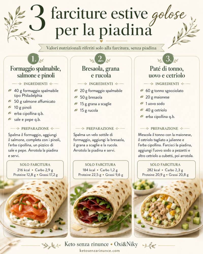 Infografica con tre farciture estive per piadine chetogeniche: formaggio spalmabile, salmone e pinoli; bresaola, grana e rucola; paté di tonno, uovo sodo e cetriolo. I valori nutrizionali indicati si riferiscono esclusivamente alla farcitura, senza piadin