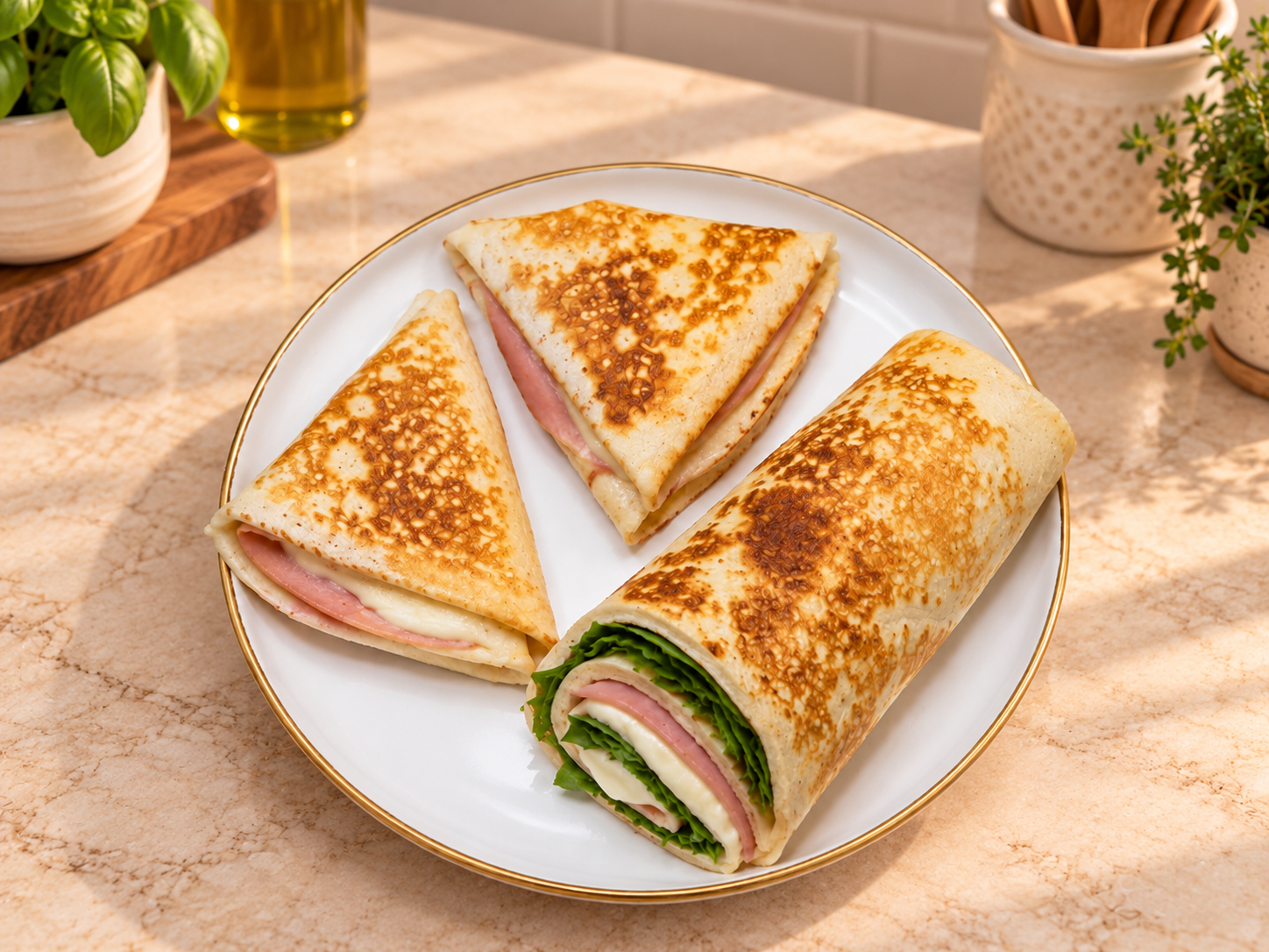 Tre proposte golose e sane per farcire la piadina leggera proteica senza farina di mandorle. Piadine dorate, piegate e arrotolate, con farciture salate, presentate su un elegante piatto bianco in una cucina luminosa. Keto senza rinunce – Keto Amica Oxi.